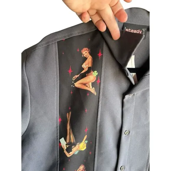 Vintage Steady Last Call Men's Shirt M Short Sleeve Gray Button Pinup Girls - Picture 3 of 12